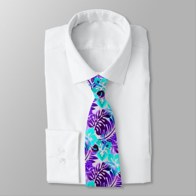 Cravate Motif Fleur Hawaïen Bleu Violet (Attaché)