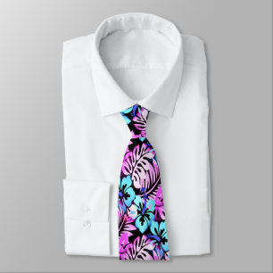 Cravate Motif Fleur Hawaïenne Rose Aqua Bleu