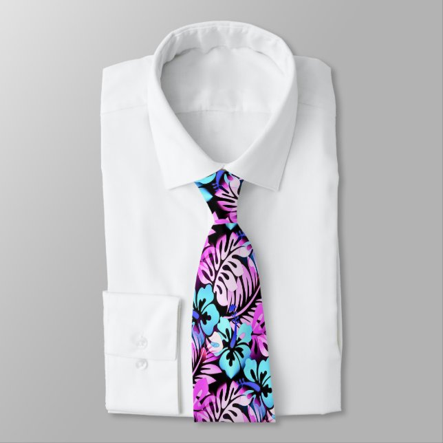 Cravate Motif Fleur Hawaïenne Rose Aqua Bleu (Attaché)