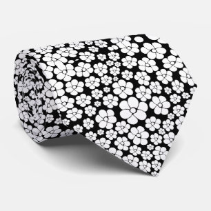 Cravate Motif Fleur rétro en blanc sur noir