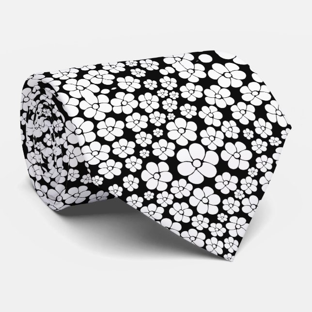 Cravate Motif Fleur rétro en blanc sur noir (Roulé)