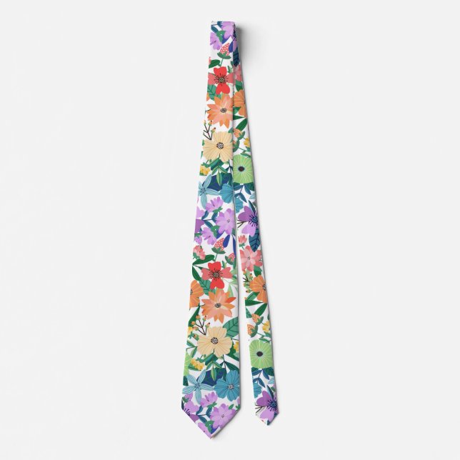 Cravate Motif Fleurs Arc-en-ciel Blanc Rétro (Devant)