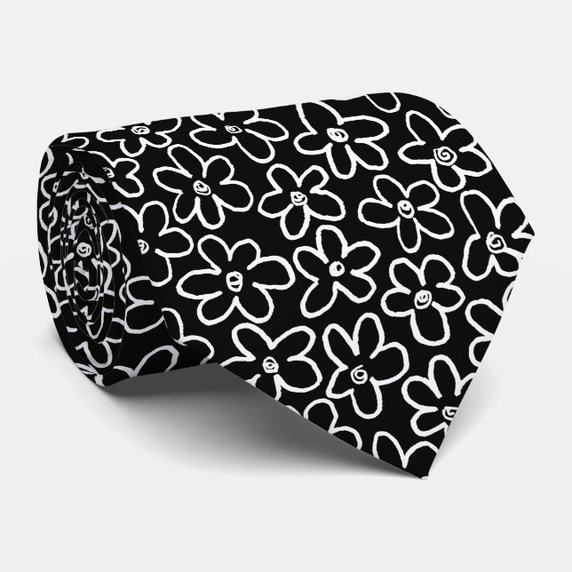 Cravate Motif floral 080821 - Blanc et Noir (Roulé)