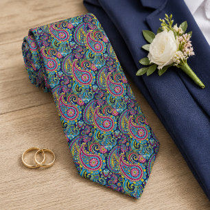 Cravate Motif floral à Paisley rose rouge bleu jaune rétro