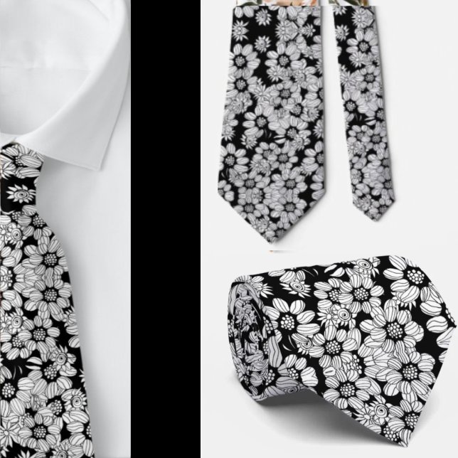 Cravate Motif floral abstrait noir et blanc (Créateur téléchargé)