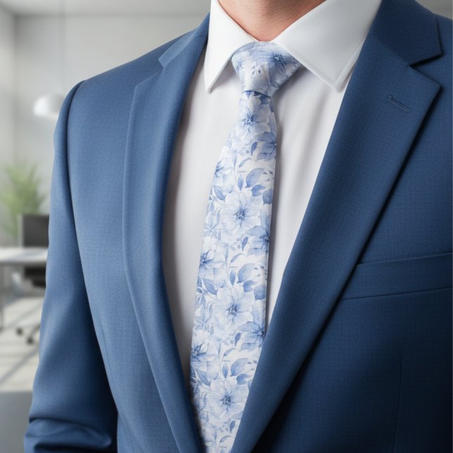 Cravate Motif floral aquarelle bleu moderne (Créateur téléchargé)