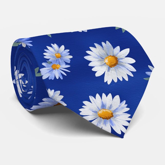 Cravate Motif floral aquarelle Blue Daisy (Roulé)