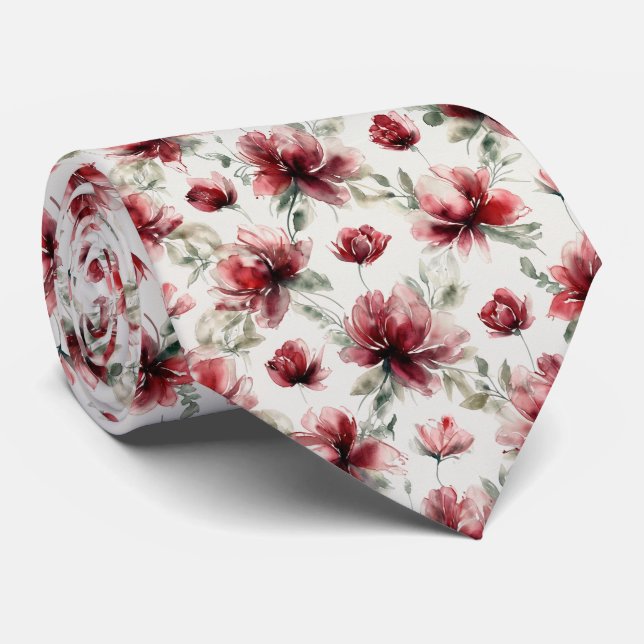 Cravate Motif floral aquarelle rouge (Roulé)