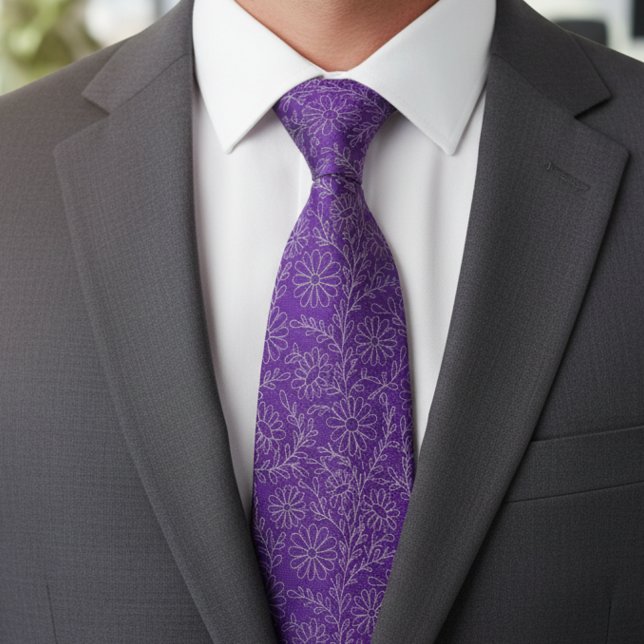 Cravate Motif floral argent violet élégant (Créateur téléchargé)