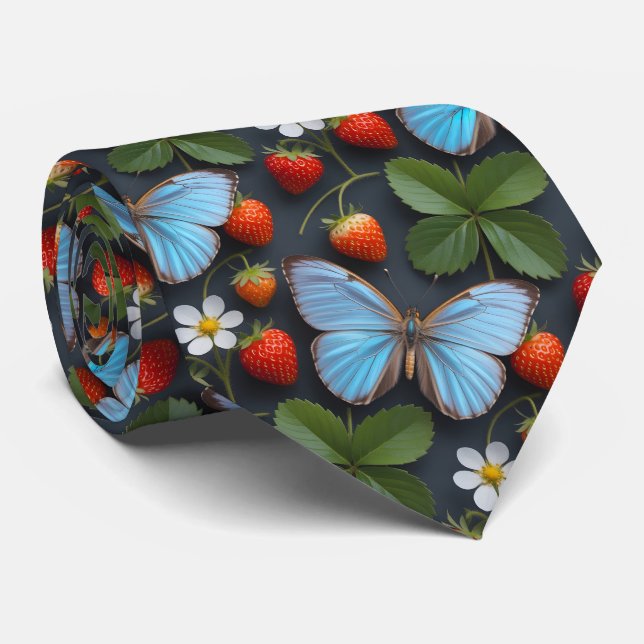 Cravate Motif floral avec papillons Morpho bleus (Roulé)