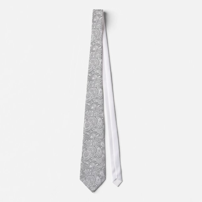 Cravate Motif Floral Blanc Et Gris Clair Paisley (Devant)
