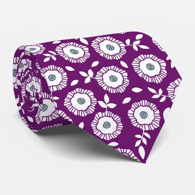 Cravate Motif floral blanc fond violet (Roulé)