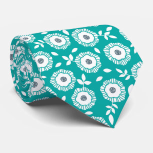 Cravate Motif floral blanc sur fond turquoise