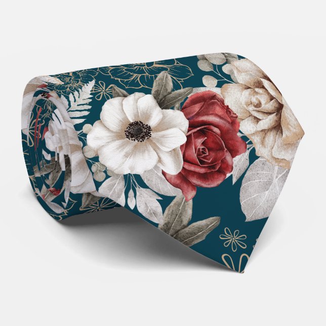 Cravate Motif floral bleu rose de Bourgogne élégant (Roulé)