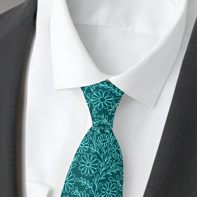 Cravate Motif floral bleu sarcelle élégant (Créateur téléchargé)