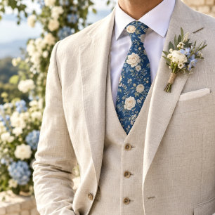 Cravate Motif floral botanique bleu français raffiné