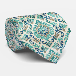 Cravate Motif floral botanique damassé bleu marine vert sa