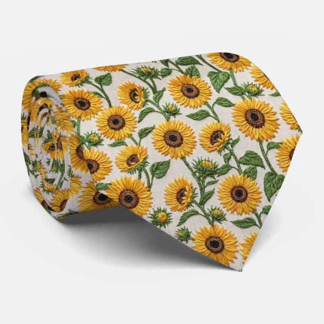 Cravate Motif floral brodé de tournesol jaune (Roulé)