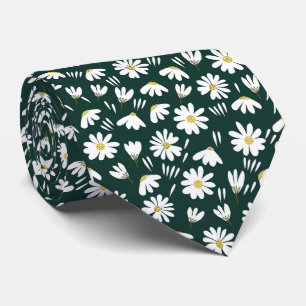Cravate motif floral camomille vert blanc