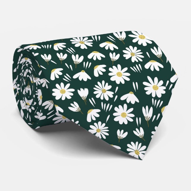 Cravate motif floral camomille vert blanc (Roulé)