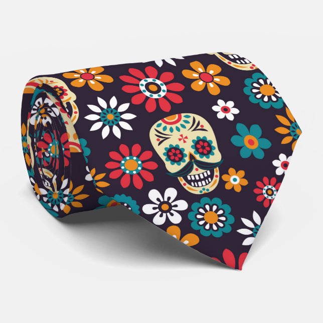 Cravate motif floral crâne multicolore (Roulé)