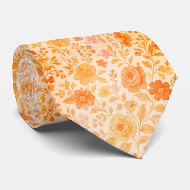 Cravate Motif floral crème et pêche (Roulé)