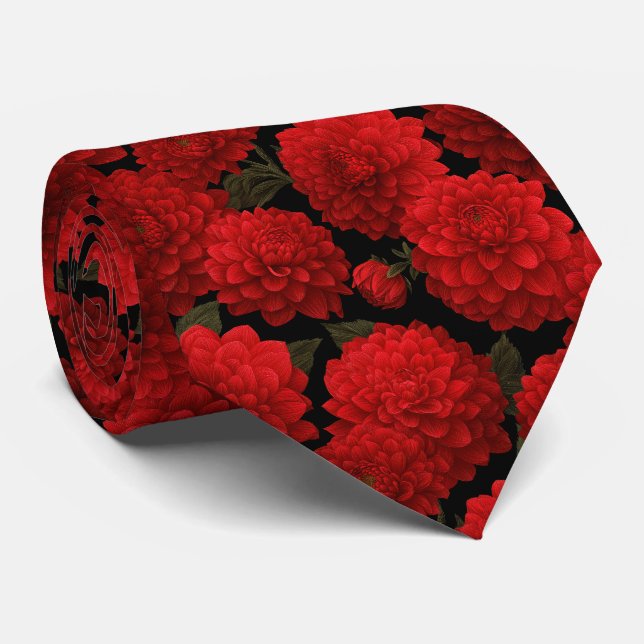 Cravate Motif floral Dahlia rouge (Roulé)