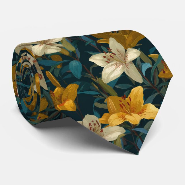 Cravate Motif floral de lys jaune et crème (Roulé)