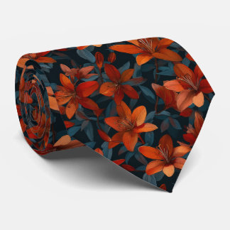 Cravate Motif floral de lys orange gras sur fond sombre