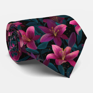 Cravate Motif floral de lys rose élégant sur fond noir