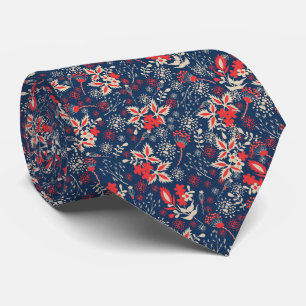 Cravate Motif floral de Noël bleu rouge