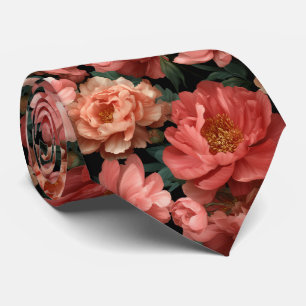 Cravate Motif floral de pivoine corallienne réaliste