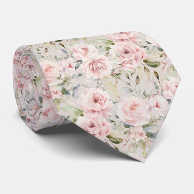 Cravate Motif floral de rose à l'aquarelle rose (Roulé)