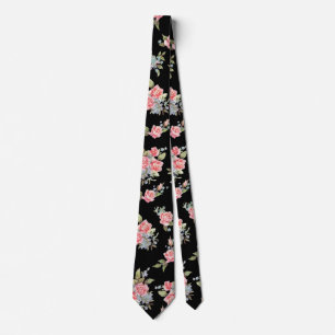Cravate Motif floral de rose de noir et de rose