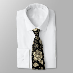 Cravate Motif floral de rose dorée vintage sur fond noir