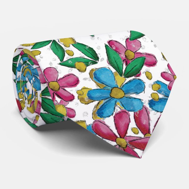Cravate Motif Floral d'Été Bleu Clair Jaune Rose Chaud (Roulé)