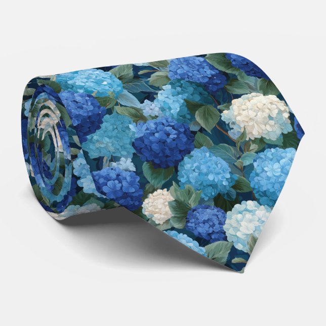 Cravate Motif floral d'hydrangea bleu avec feuilles (Roulé)