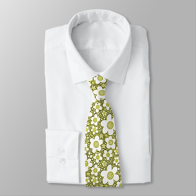 Cravate Motif floral - jaune, noir et blanc (Attaché)