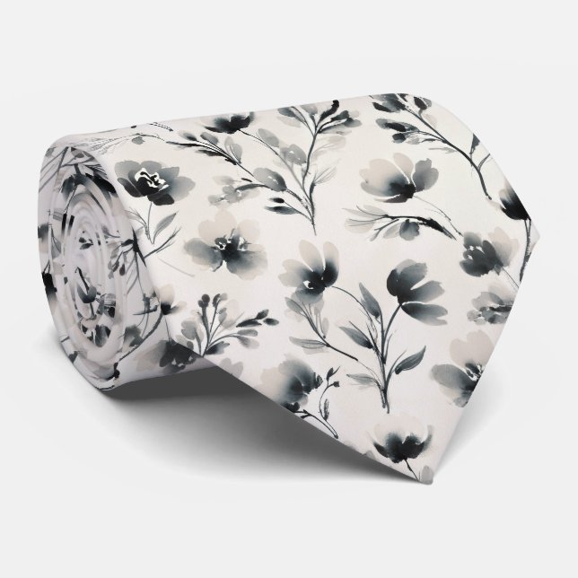 Cravate Motif floral lavis à l'encre (Roulé)