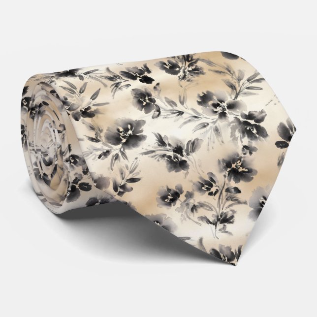 Cravate Motif floral lavis à l'encre (Roulé)