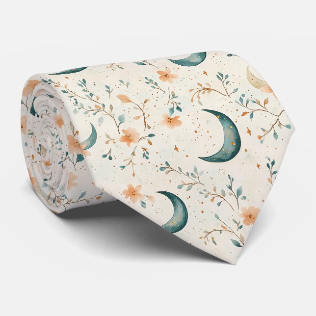 Cravate Motif Floral Lunaire Bohème Céleste (1) (Roulé)