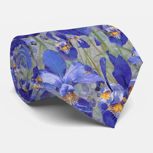 Cravate Motif floral moderne Iris bleu sur gris (Roulé)