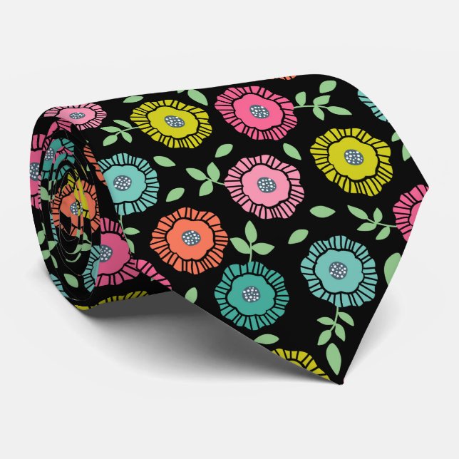 Cravate Motif floral multicolore Fond noir (Roulé)