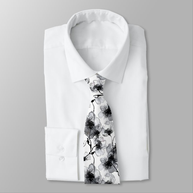 Cravate Motif floral noir et blanc élégant moderne (Attaché)