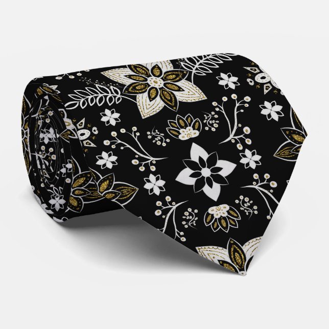 Cravate Motif floral noir et blanc orné (Roulé)