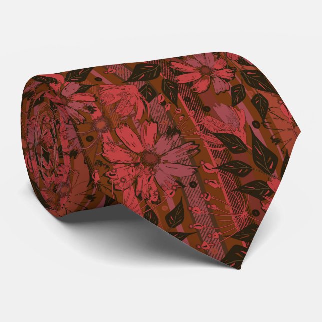 Cravate Motif floral noir et rouge. (Roulé)