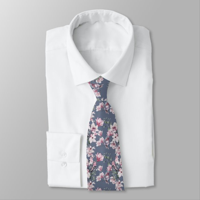 Cravate Motif floral oiseaux stylé rose et bleu (Attaché)