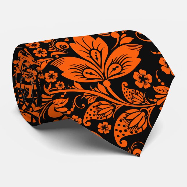 Cravate Motif floral orangé noir et alloween (Roulé)