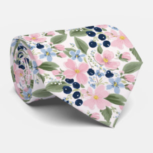 Cravate Motif floral pastel de fleurs sauvages et myrtille