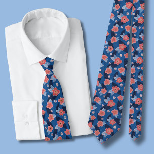 Cravate Motif floral pêche et bleu